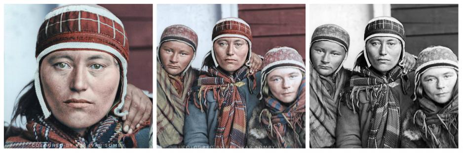 Raydna Anderstdatter Somby (portrait), Karen Aslaksdatter Eira and Kirsten Pedersdatter Bals from Kautokeino, Finnmark, Norway. (Photo: Sophus Tromholt 1882 or 1883).