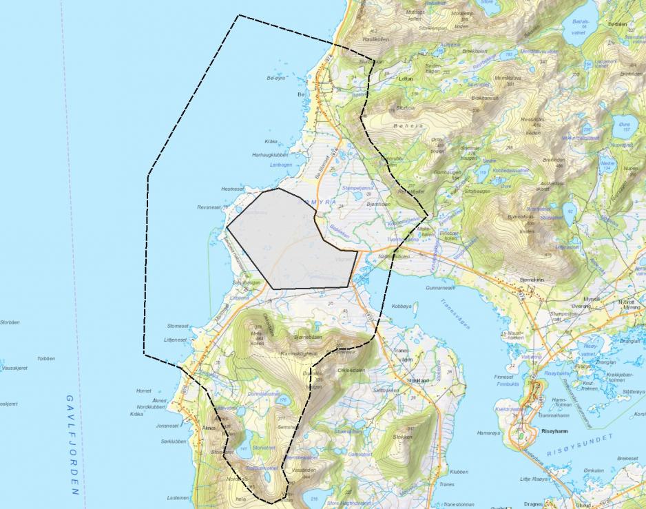 This map shows the planing area (grey, center) as well as the most likely affected related areas nearby. (Source: ASC/Trond Abrahamsen).