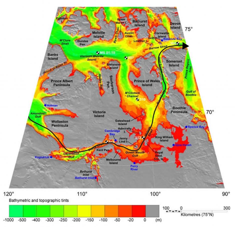 Map of the western Canadian Arctic Archipelago showing water depths and route of Crystal Serenity. Source: International Bathymetric Chart of the Arctic Ocean.