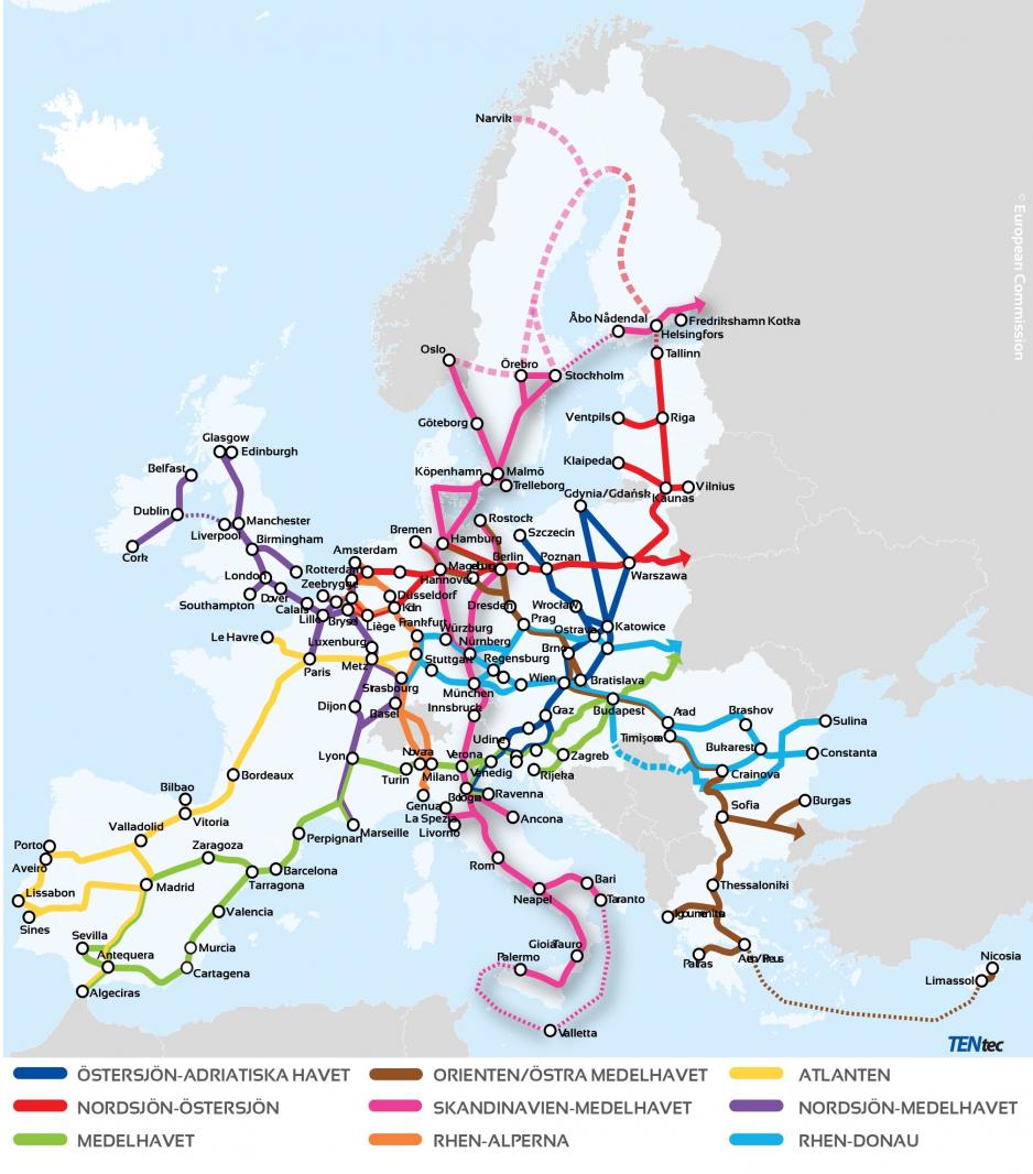 The EU’s core corridors, including the proposal to include the Bothnian Corridor and the Ofoten Railway.
