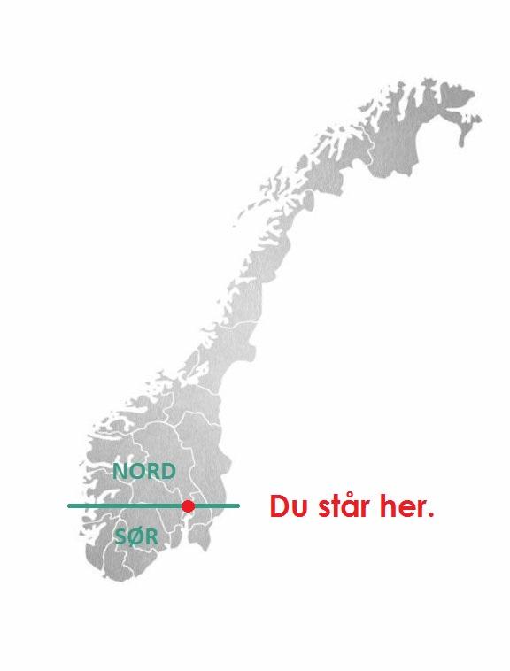 Norge, sør og nord. Du står her. Illustrasjon: Edda Falk