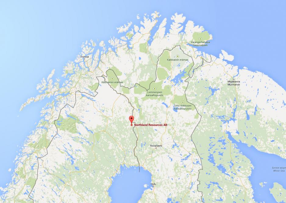 Northland tok ut jernmalm i Kaunisvaara i Nord-Sverige, på grensen mot Finland. Utskipingen skjedde fra Narvik. (Kart: Google)
