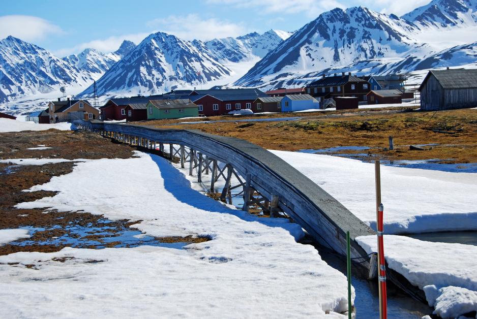 Over 100 millimeter nedbør - som regn - falt på ett døgn i Ny-Ålesund i januar 2012. Her er bosettingen avbildet i adskillig hyggeligere vær. (Foto: Harvey Barrison, Wikimedia commons).