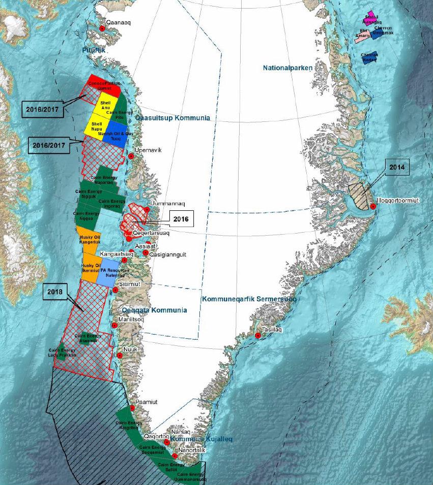 Kartet viser eksisterende og planlagte oljeletingsområder ved Grønland i 2014. Nå vil parlamentspresidenten ha totalt oljeforbud offshore. (Ill.: Naalakkersuisut).