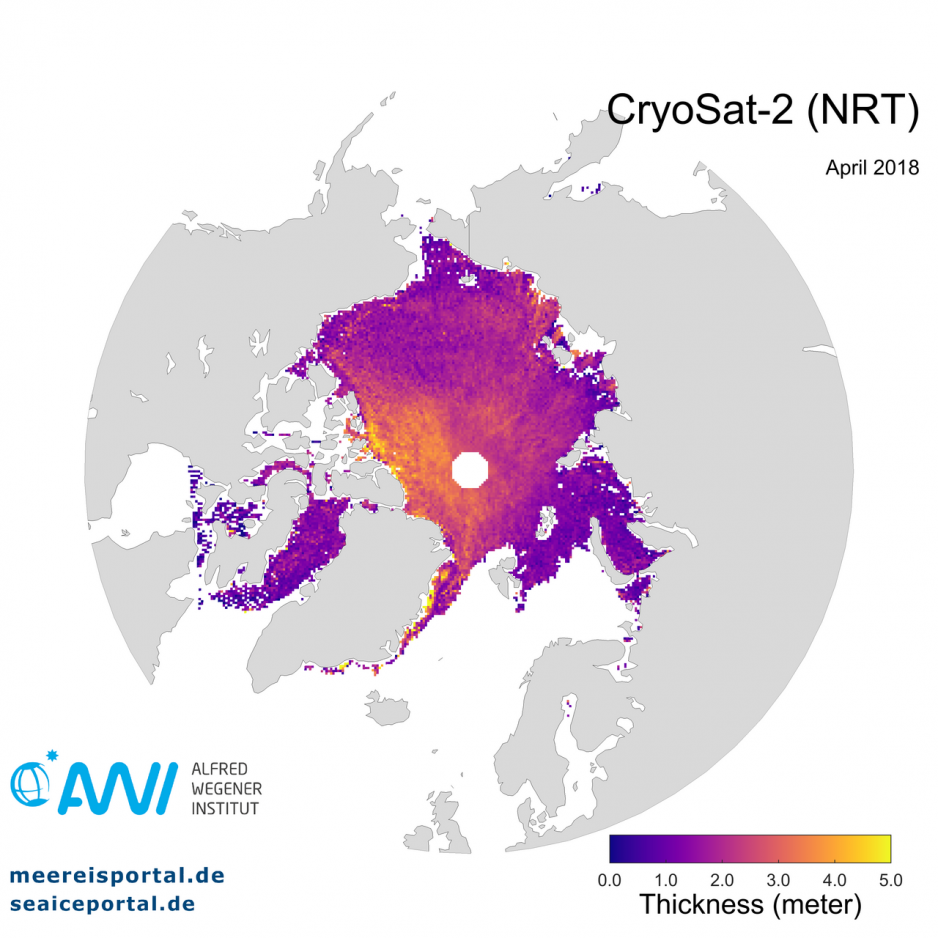 Map of the sea-ice thickness, based on the CryoSat-2 data, in April 2018, the last month before the melting season in which satellite-based observations produce reliable data. Near the North Pole, thicknesses of 2 to 4 metres can be seen. (Illustration: meereisportal.de)