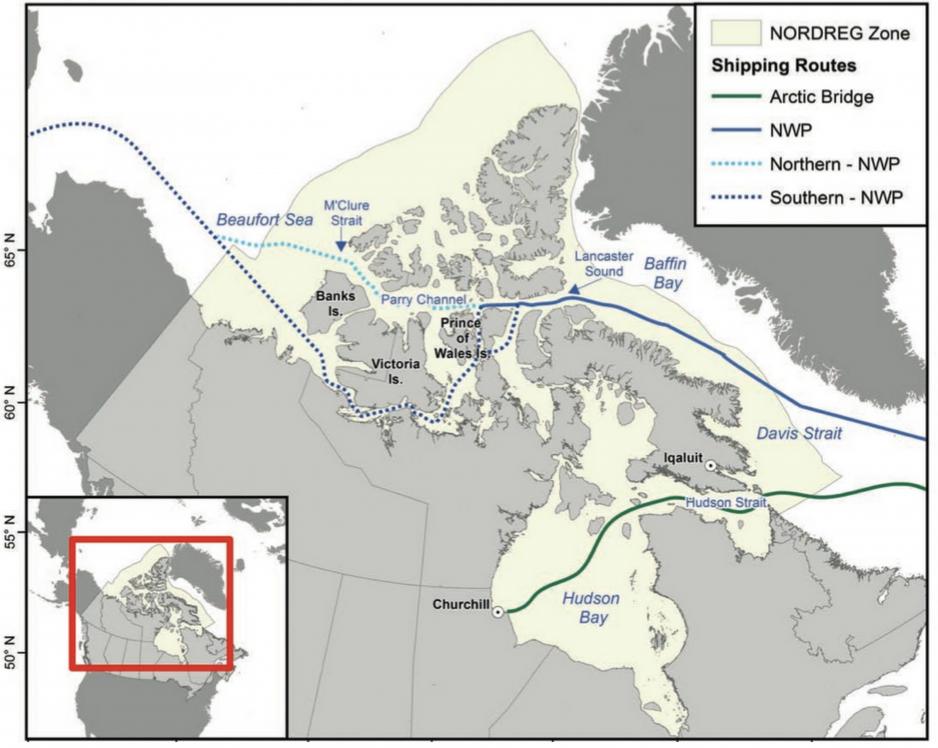 The study area in Canada’s NORDREG Zone including the Northwest Passage and the Arctic Bridge Route. (Source: With kind permission of Jackie Dawson et al.)