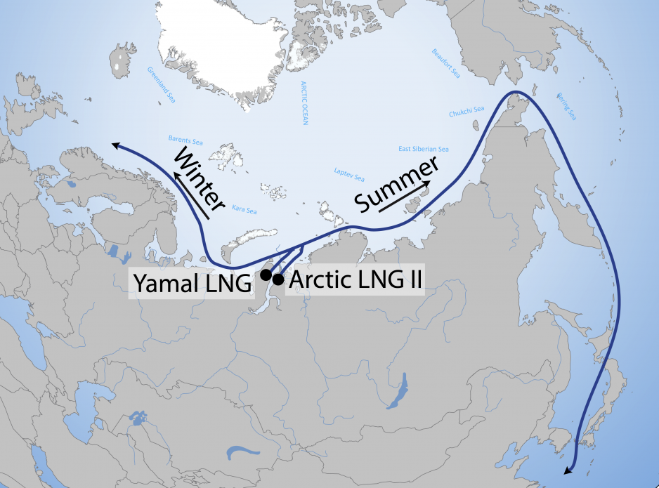 Location of Yamal LNG and Arctic LNG 2 and shipping route along the NSR. (Illustration from the article author.)