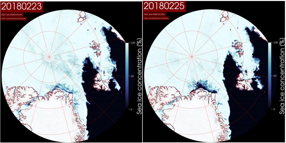 Ice charts showing the rapid breaking apart of land-fast ice at the northern tip of Greenland resulting in hundreds of square kilometers of open water. Source: With permission by Lars Kaleschke/@seaice_de on Twitter.com