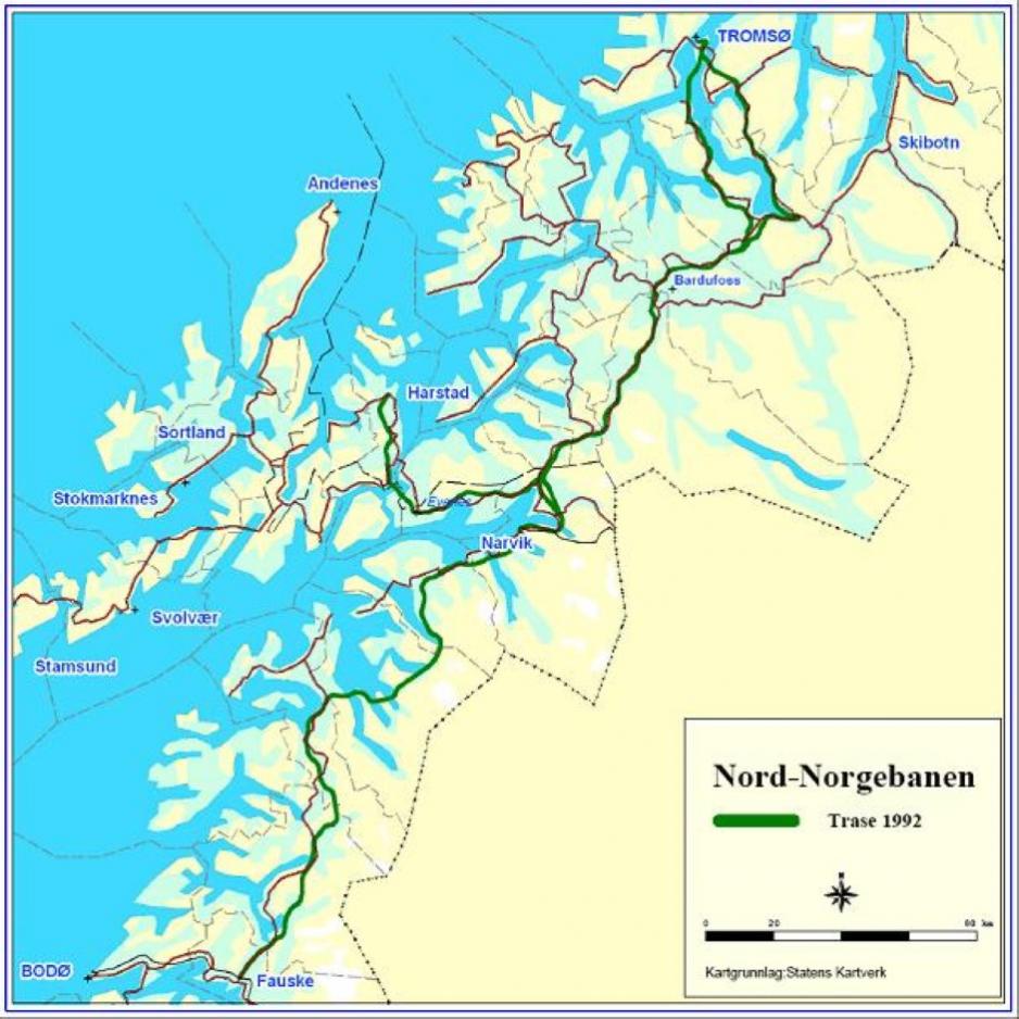 Oversiktskart fra 1992-utredningen nordnorgebanen