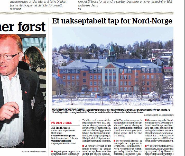 Båndene blir stadig sterkere mellom arbeidsgivere, arbeidstakere og bankvesenet i nord. Kanskje fører det også til at de tar ansvar der de har ansvar, som i det utskjelte skoleverket. (Faksimile Nordlys 19. april 2016)