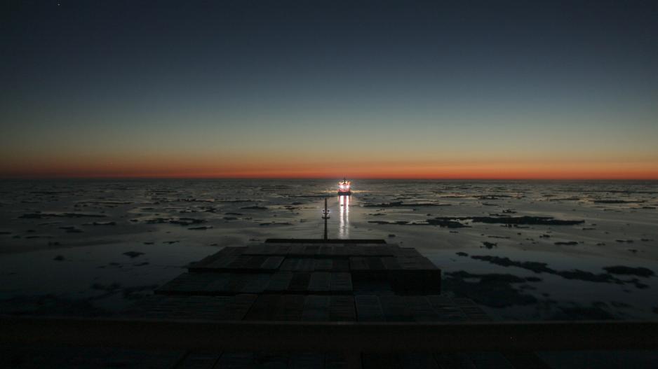 Twilight sailing behind the icebreaker 50 Let Pobedy. 