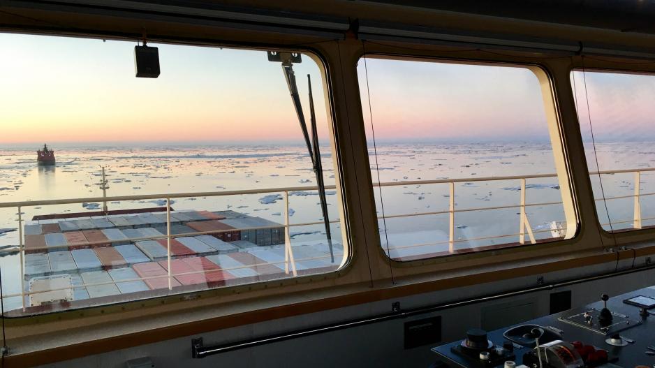 Sailing past ice floes on the northern Sea Route. 