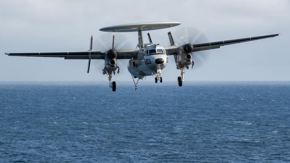 An aircraft of the type E2-D Hawkeye for electronic warfare heading back to the USS Gerald R. Ford at an unknown location in the Norwegian Sea on Saturday. (Photo: Nolan Pennington/US Navy)