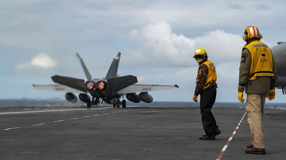 Photo gallery: A F/A-18F Super Hornet fighter takes off from the USS Gerald R. Ford on Monday at an unknown location in the Norwegian Sea. (Photo: Maxwell Orlosky/US Navy) >