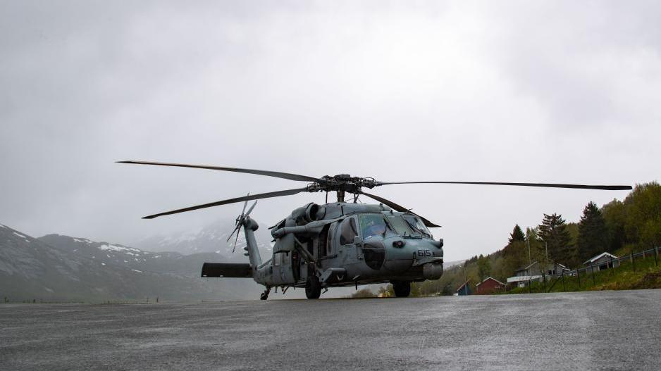 An MH-60S Seahawk maritime multipurpose helicopter belonging to the USS Gerald R. Ford at a landing area in Ramsund in Tjeldsund municipality during training on Saturday. Ramsund Naval Base is an "agreed" Norwegian-American area. (Photo: Jackson Adkins/US Navy) >
