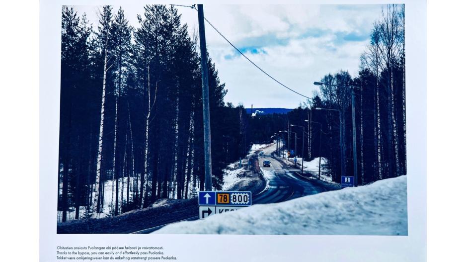 «Ohitustien ansiosta Puolangan ohi pääsee helposti ja vaivattomasti. // Thanks to the bypass, you can easily and effortlessly pass Puolanka.» (Photo: Astri Edvardsen) >