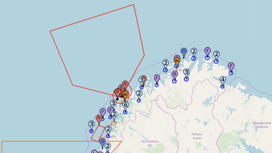 Restriksjonsområder i Nord-Norge onsdag 13. november. Den røde sirkelen lengst nord ved havområdene utenfor Andøya og Senja viser til skytetrening fra 19. til 22. november under marineøvelsen Arctic Advance. (Skjermdump fra NOTAM)