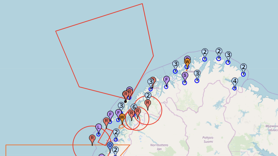 Gallery (1): Restricted areas across Northern Norway on Tuesday 12 November. The red circles on the mainland in Troms and Nordland, as well as off the coast of Nordland, refer to areas of military activity. This also applies to the red rectangular area in the Vestfjorden where the USS Harry S. Truman is sailing. The large area outside Andøya is linked to a scientific rocket launch. (Screenshot from NOTAM) > Gallery (1): Restricted areas across Northern Norway on Tuesday 12 November. The red circles on the mainland in Troms and Nordland, as well as off the coast of Nordland, refer to areas of military activity. This also applies to the red rectangular area in the Vestfjorden where the USS Harry S. Truman is sailing. The large area outside Andøya is linked to a scientific rocket launch. (Screenshot from NOTAM) >