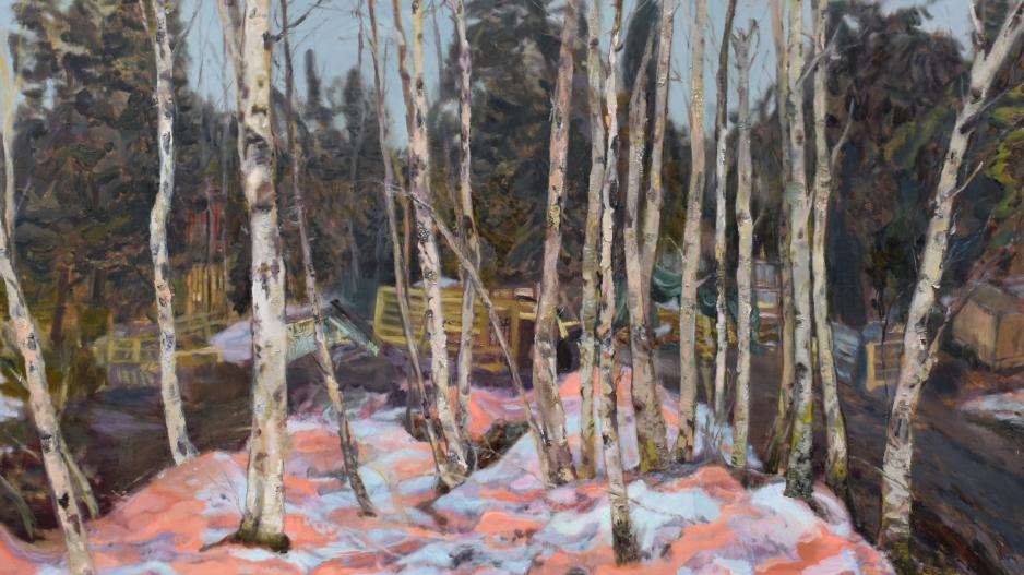 Raisa Raekallio og Misha del Vals verk Salameno, olje på duk (2024), i kapittelet ‘Et maleri som ikke er ment å betraktes’. Kunstnerparet fra finsk Lappland skildrer det nordlige landskapet i samspill med det mennesker etterlater seg, som presenninger i skogen. (Pressebilde) > 