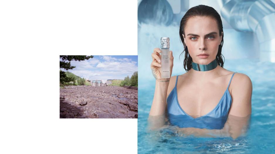 David Larsson og Jens Strandbergs Face Mist (2023), også i kapittelet ‘Tilbake til framtidslandet’. Verket tar for seg en ansiktsspray laget med industrielt avløpsvann fra Hybrit-prosjektet for fossilfri stålproduksjon i Nord-Sverige. (Pressebilde) > David Larsson og Jens Strandbergs Face Mist (2023), også i kapittelet ‘Tilbake til framtidslandet’. Verket tar for seg en ansiktsspray laget med industrielt avløpsvann fra Hybrit-prosjektet for fossilfri stålproduksjon i Nord-Sverige. (Pressebilde) >