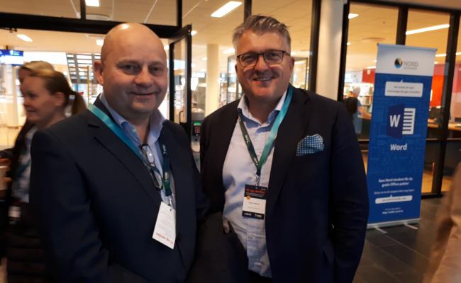 Avtroppende styreleder i NHO Nordland, Arve Ulriksen (t.v.), og påtroppende Espen Haaland er enige om at å avskaffe el-avgiftsrabatten til selskaper som graver etter kryptovaluta vil kunne ramme industrien i nord. (Foto: Arne F. Finne).