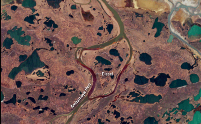 Extent of the Nornickel oil spill as seen by Sentinel-2 satellite.