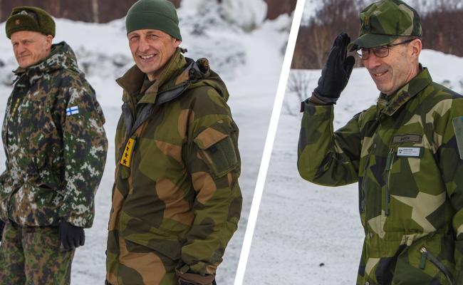 De nordiske forsvarssjefene besøkte den svensk-finske brigadens hovedkvarter på Blåtind skyte- og øvingsfelt i Troms fylke under Cold Response. (Fotomontasje: Runar Røssevold/Forsvaret).
