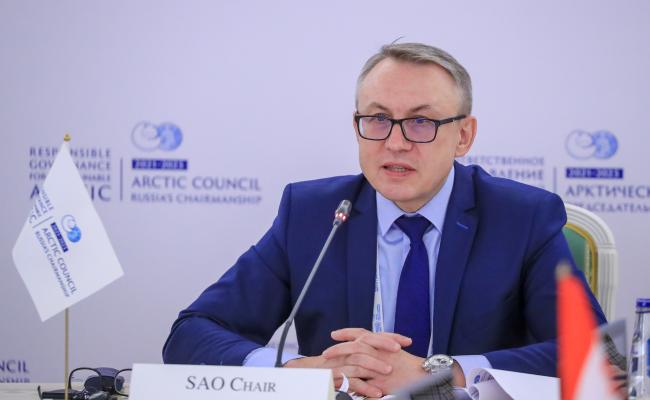 Nikolaj Korchunov, Russlands arktiske ambassadør og leder for det russiske formannskapet i Arktisk råd, under et plenumsmøte for arktiske embetsmenn høsten 2021. (Foto: Vyacheslav Viktorov/Roscongress).