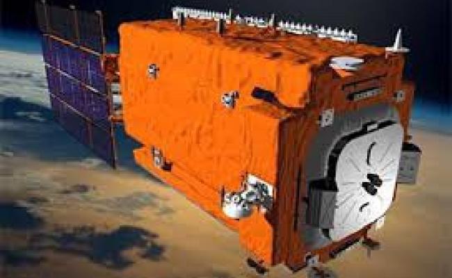 A model of an Obzor-R satellite in orbit. (Source: Courtesy of Progress Rocket Space Centre/Roscosmos) Obzor-R satellite in orbit