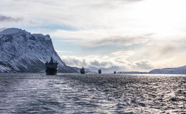 Alliert formasjonsseiling under Joint Warrior med den norske fregatten KNM Otto Sverdrup i front. (Foto: Odin Kjendalen/Forsvaret)