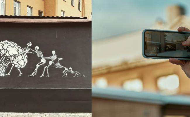 Gatekunstverket Пепка – «Aske» i St. Petersburg høsten 2022, utstilt digitalt i Kirkenes vinteren 2023. (Foto: @zoomstreetart/@yav_zone; Alexey Tsalko/Pikene på Broen)