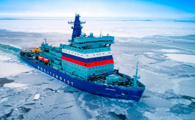 Nuclear icebreaker Arktika passing through ice. (Source: Rosatom) Arktika