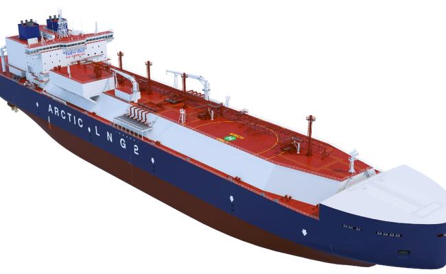 Model of a 2nd generation Arc7 LNG carrier for Novatek’s Arctic LNG 2 project. (Source: Zvezda) 2nd gen arc7
