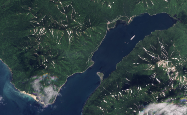 Satellite image of Koyak FSU and two tugs in Bechevinskaya Bay on 24 July 2023. (Source: Planet.com) Koryak 2