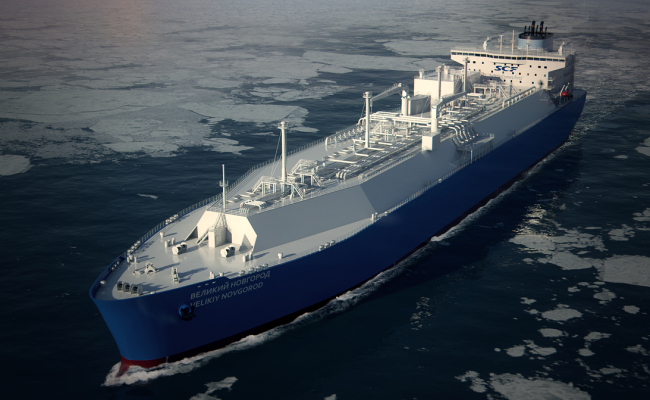The Ice2 LNG carrier Velikiy Novgorod passing through broken ice in the Arctic. (Source: Sovcomflot) Velikiy Novgorod