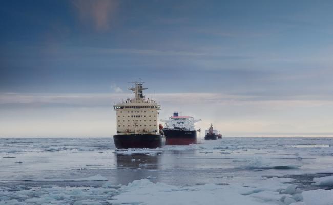 Caravan of vessels escorted by an icebreaker on the NSR. (Source: Sovcomflot) Caravan NSR