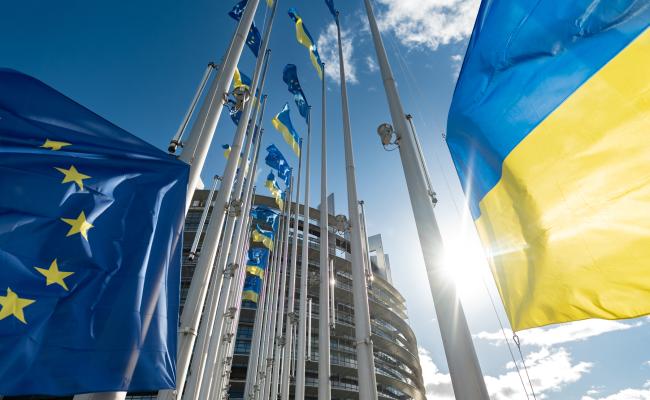 EU and Ukraine flags in Brussels 2024. (Source: Courtesy of and © European Union, 2024 - EP) EU and Ukraine flags