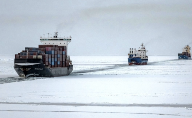 China’s NewNew Polar Bear in a convoy on the Northern Sea Route during eastbound voyage in October 2023. (Source: Rosatomflot) newnew polar bear container shipping.