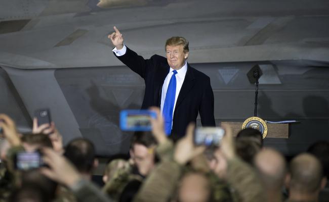 President Donald Trump speaks to service members at Joint Base Elmendorf-Richardson, Alaska, Feb. 28, 2019. Donald Trump