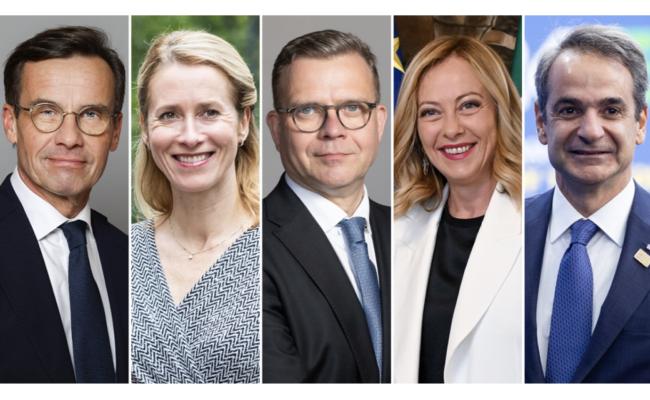Den finske statsministeren Petteri Orpo (i midten) har invitert EU-ledere til Nord-Finland for drøfting av sikkerhetsspørsmål: (f.v.) Sveriges statsminister Ulf Kristersson, EUs høyrepresentant for utenriks- og sikkerhetspolitikk Kaja Kallas, Italias statsminister Giorgia Meloni og Hellas’ statsminister Kyriakos Mitsotakis. (Fotokollasj: Finlands regjering)