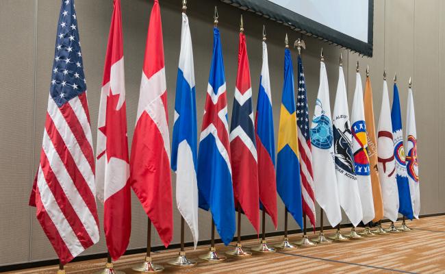 Flaggene til de åtte faste medlemmene av Arktisk råd og de seks urfolkene som er fast representert i rådet. (Foto: Arktisk råds sekretariat/Linnea Nordström).