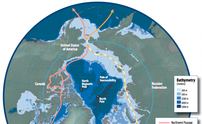 Map of the Arctic region showing the Northern Sea Route, in the context of the Northeast Passage, and Northwest Passage. (Illustration: Susie Harder/Arctic Council - Arctic marine shipping assessment/Wikimedia commons)