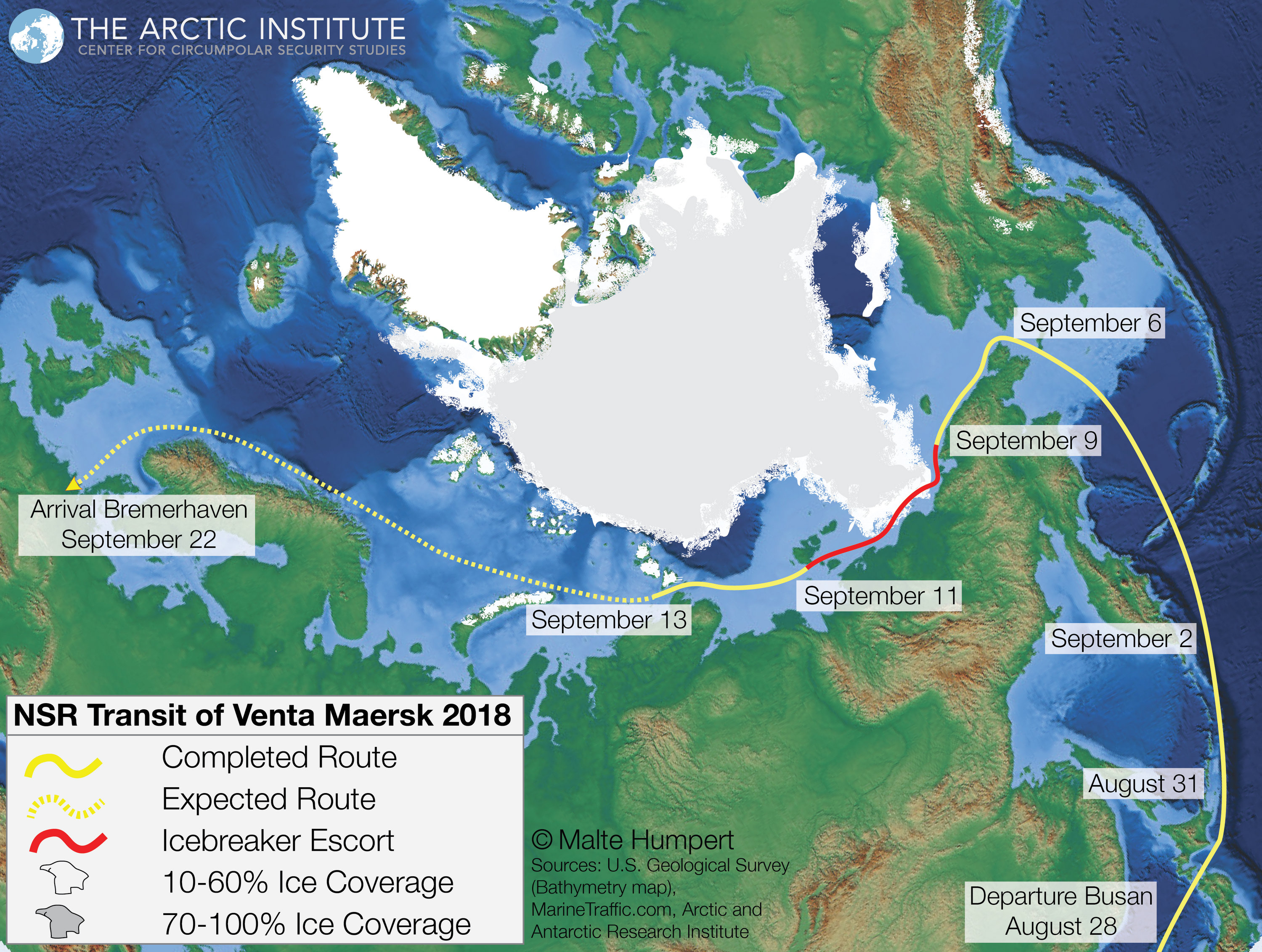 The voyage of the Venta Maersk from Asia to Europe and ice conditions along the route. (Illustration: Malte Humpert)