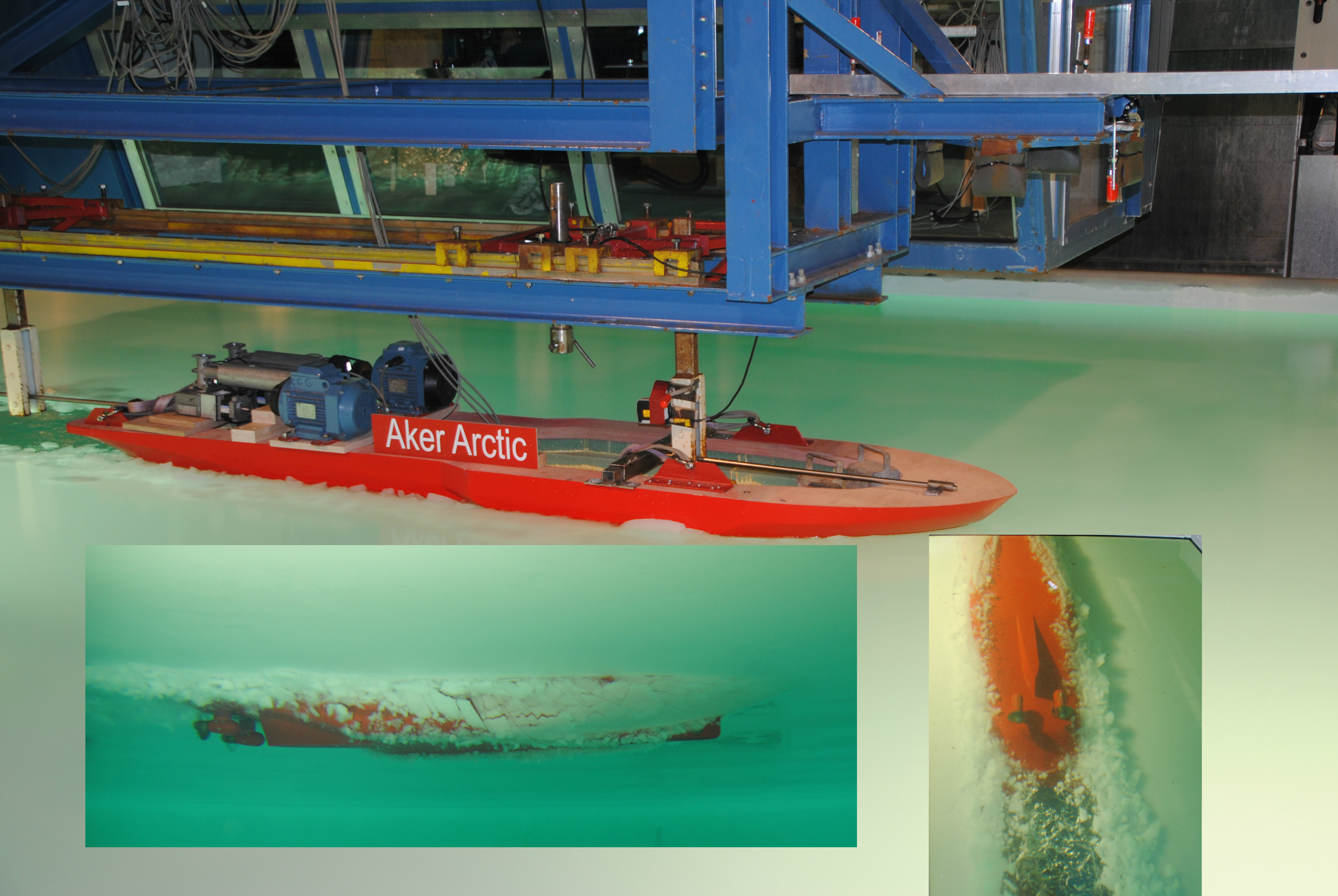 Realistic tests of different hulls in different ice densities are conducted in Aker Arctic’s model tank. The vessel’s movements in the sea and the ice can be studied from above, the side and even below. (Photo: Arne F. Finne)