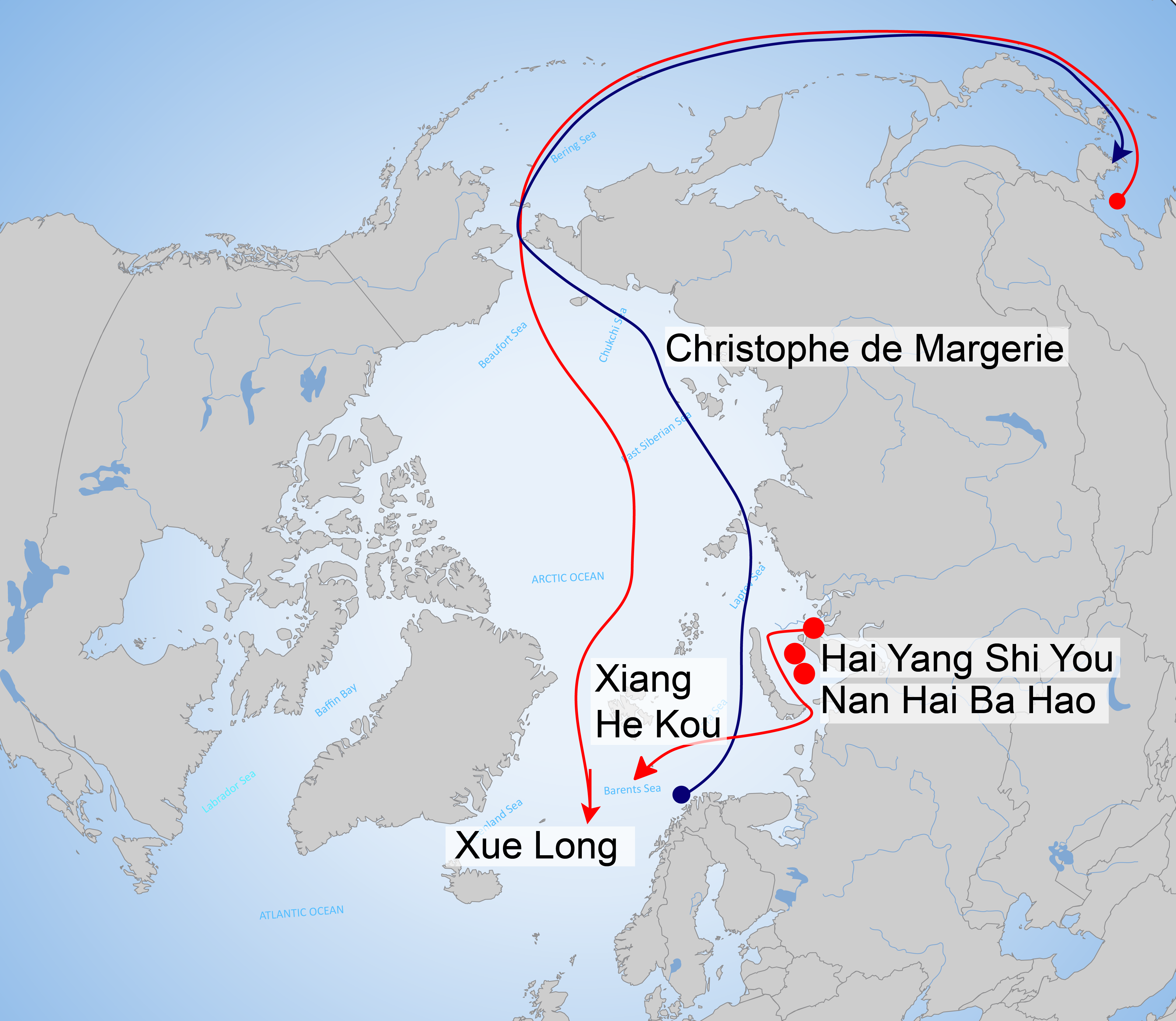 Approximate route or current location of four Chinese vessels and the Christophe de Margerie (Source: Author’s own work with information from the NSR Administration, the NSR Information Office, and MarineTraffic.com.)