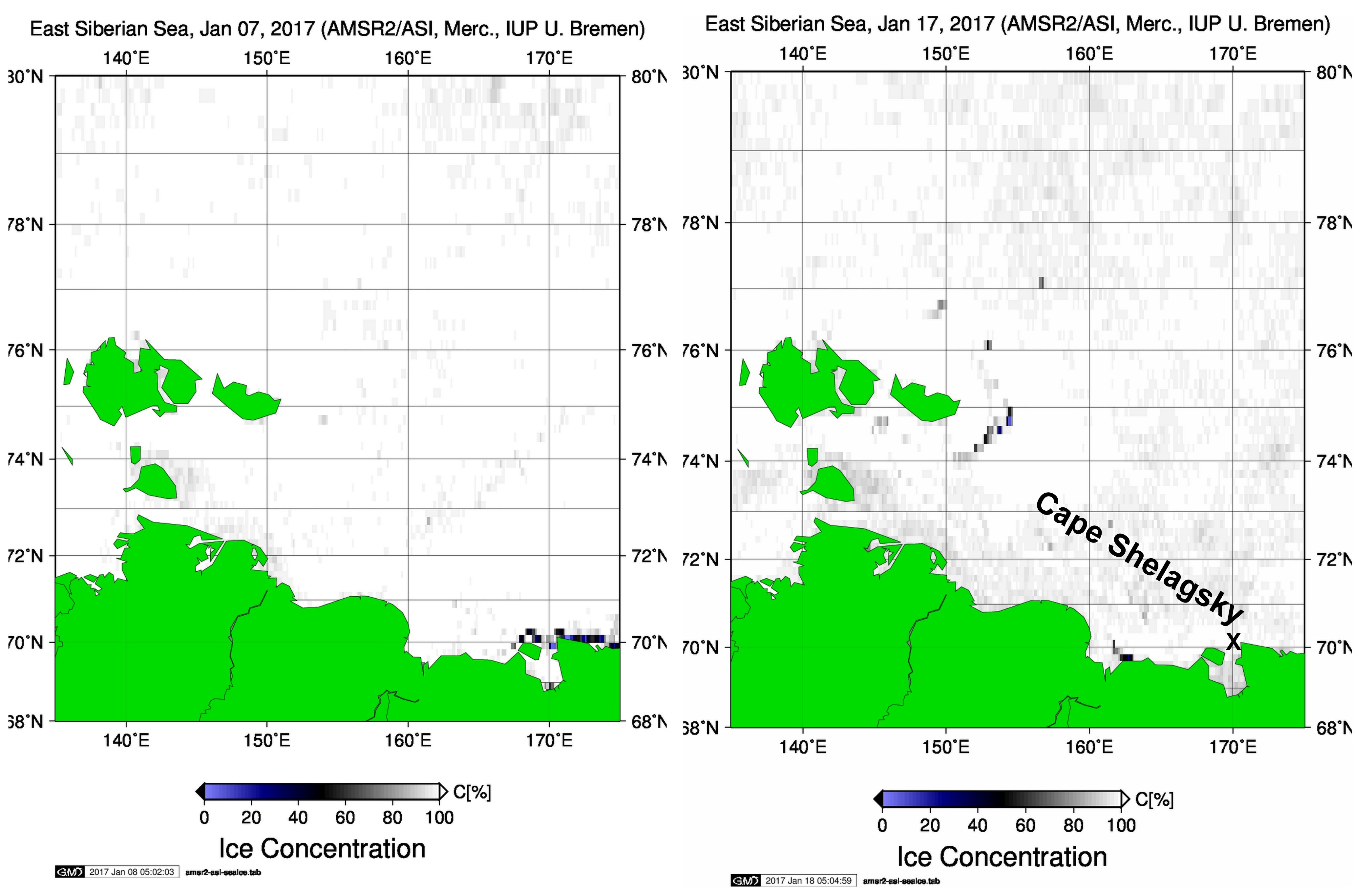 While concentrations were around 50 percent on the day of arrival on January 7th ice coverage increased to nearly 100 percent at the time the vessels became stuck. (Source: Spreen, G., L. Kaleschke, and G.Heygster(2008), Sea ice remote sensing using AMSR-E 89 GHz channels J. Geophys. Res.,vol. 113, C02S03)
