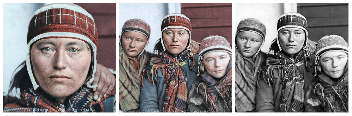 Raydna Anderstdatter Somby (portrait), Karen Aslaksdatter Eira and Kirsten Pedersdatter Bals from Kautokeino, Finnmark, Norway. (Photo: Sophus Tromholt 1882 or 1883).