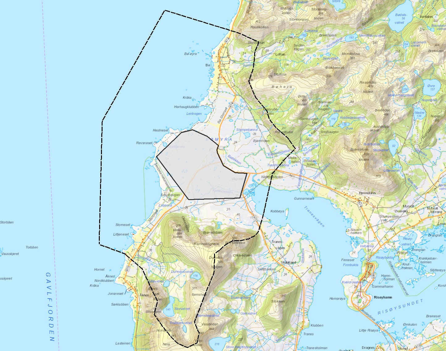 This map shows the planing area (grey, center) as well as the most likely affected related areas nearby. (Source: ASC/Trond Abrahamsen).