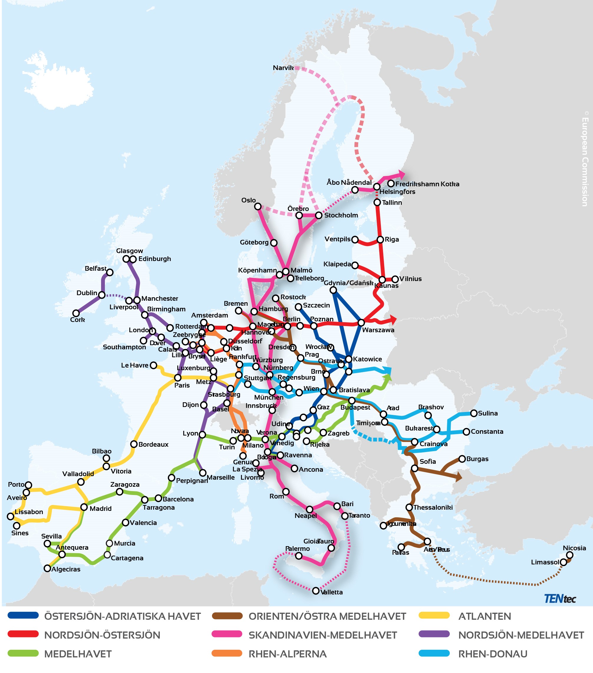 The EU’s core corridors, including the proposal to include the Bothnian Corridor and the Ofoten Railway.