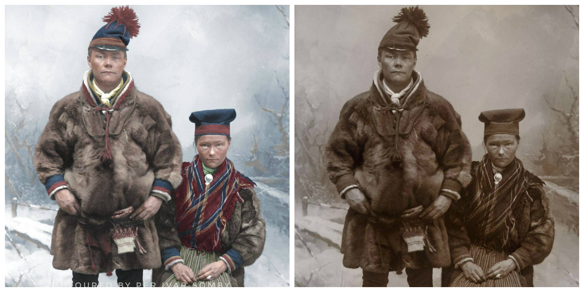 The newly engaged couple Jan Eriksson Pitsa and Katarina Paavasdotter Negga from the Gällivare region in Sweden. (Photo: Borg Mesch, 1910)